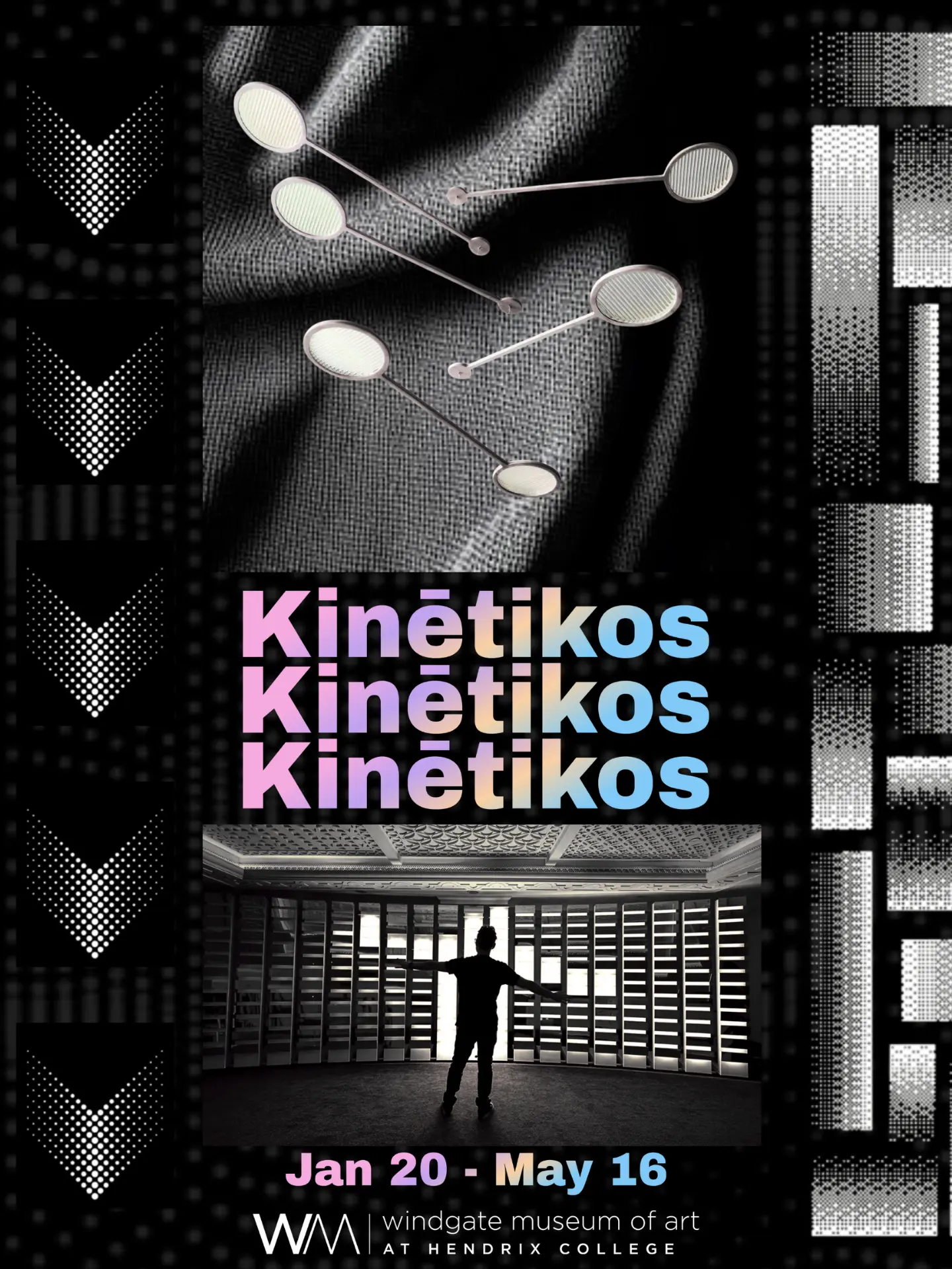 Kinētikos exhibition poster and lenticular postcard designed for the Windgate Museum of Art, 2025.